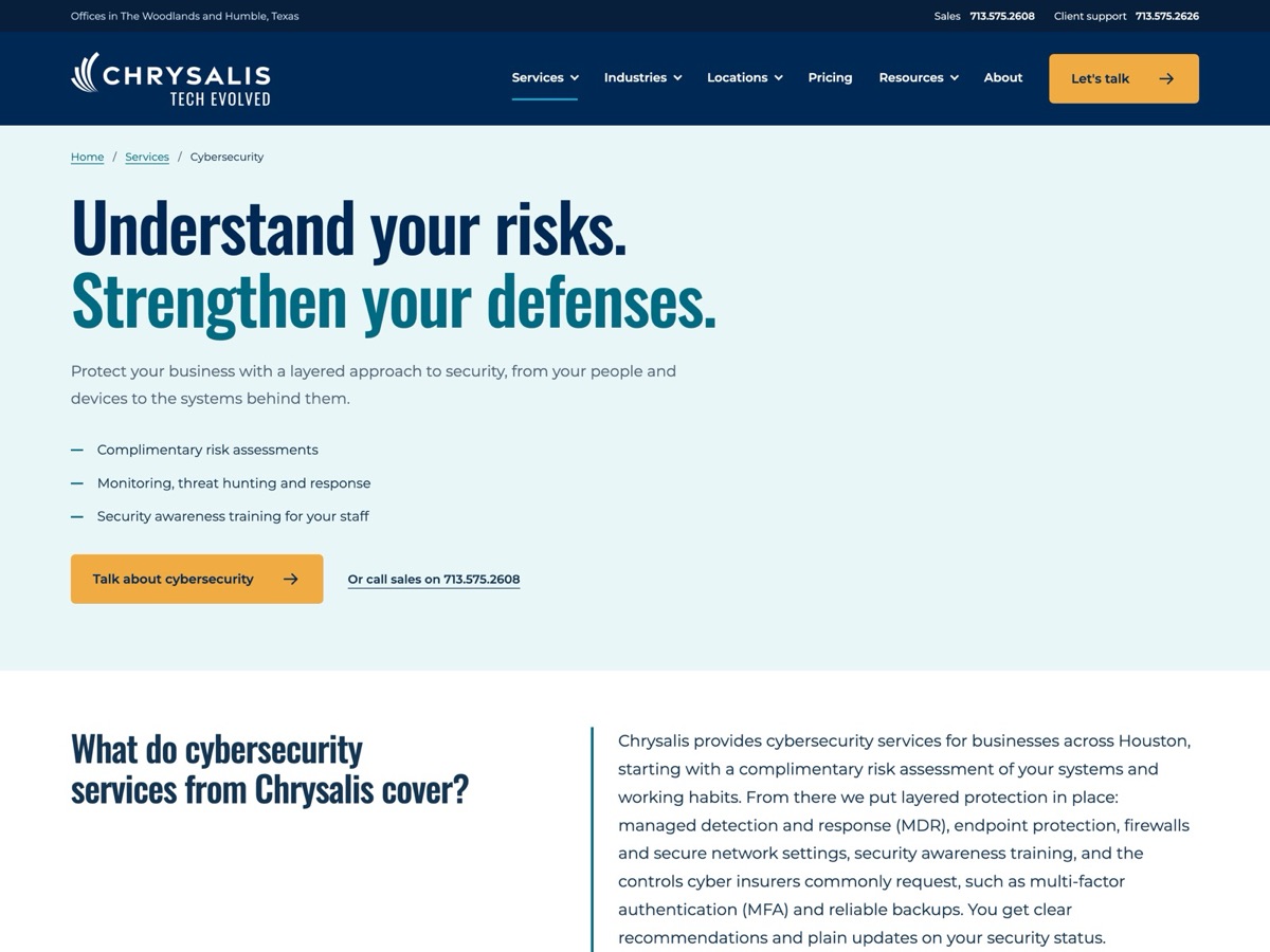 New Chrysalis cybersecurity page with a calm promise and three services: risk assessments, monitoring and response, staff training.