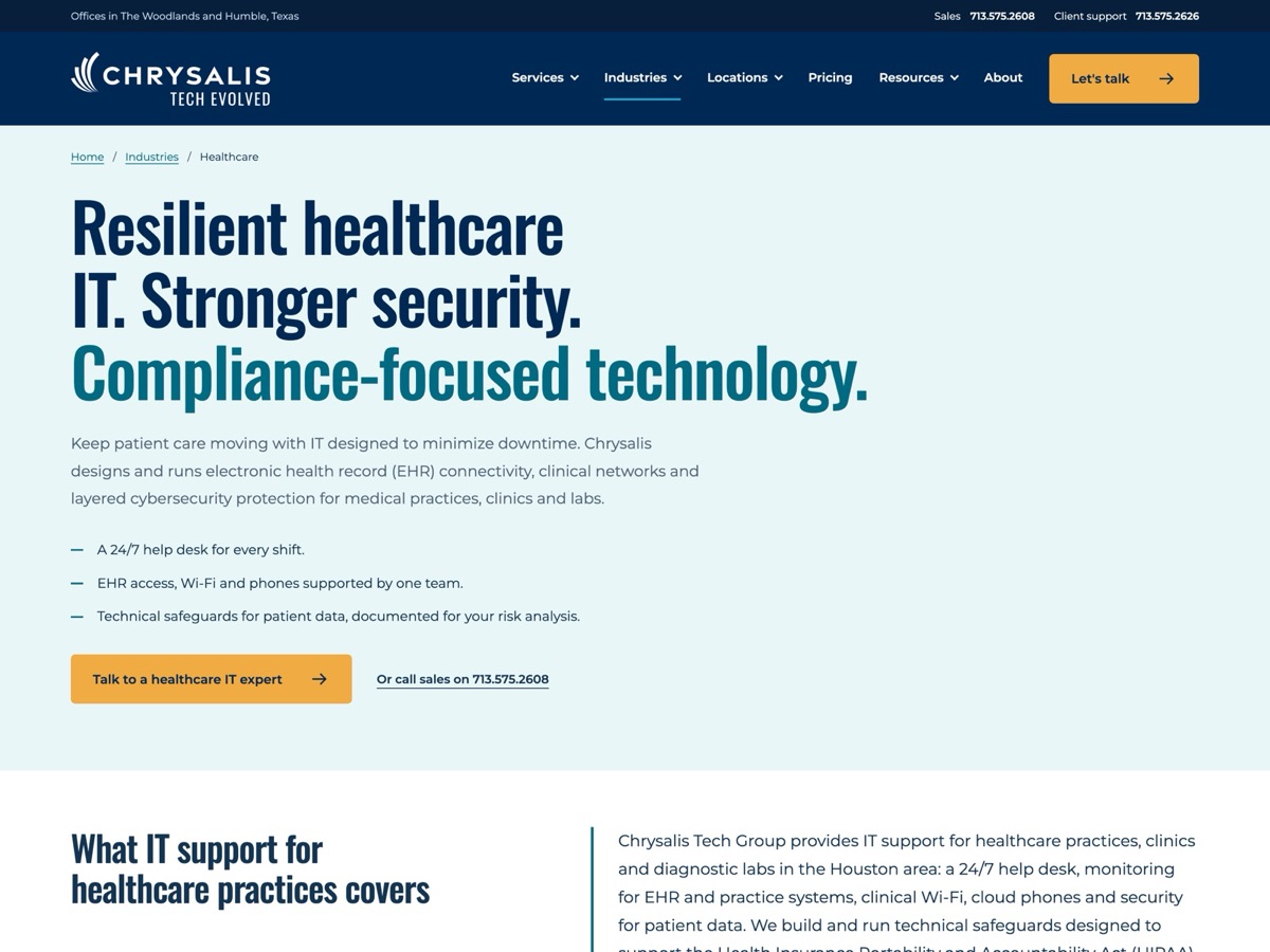 New Chrysalis healthcare industry page at /industries/healthcare/.