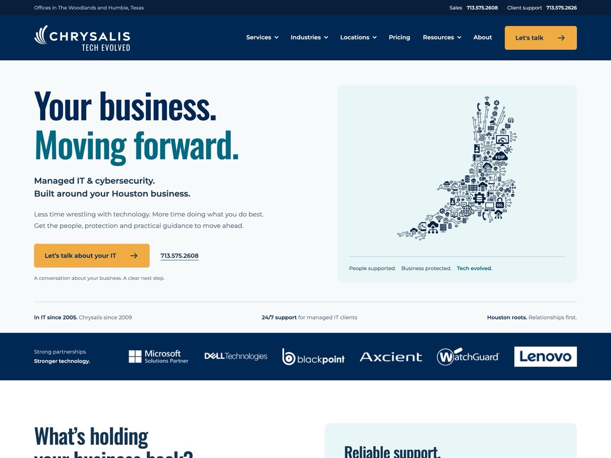 New Chrysalis Tech Group home page with the headline Your business. Moving forward., managed IT and cybersecurity for Houston businesses, one gold button and the sales number.