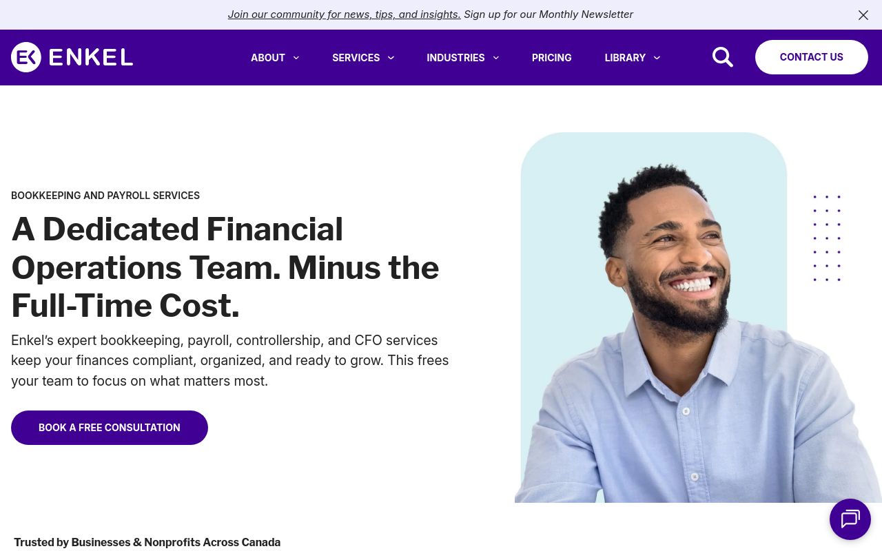 Enkel homepage offering a dedicated financial operations team for Canadian businesses
