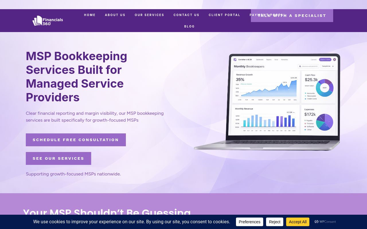Financials 360 homepage offering MSP bookkeeping services built for ConnectWise and HaloPSA