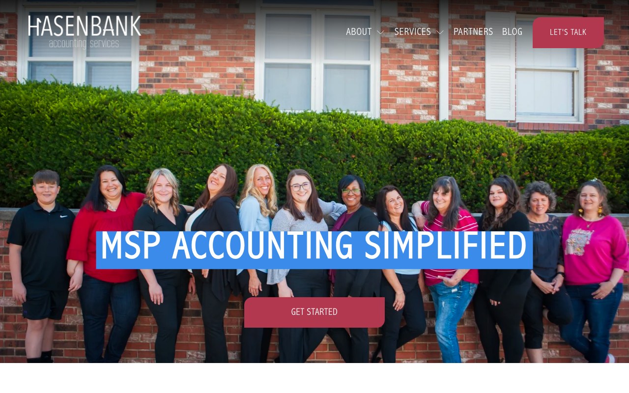 Hasenbank Accounting Services homepage with the team photographed outside the office under the headline MSP Accounting Simplified