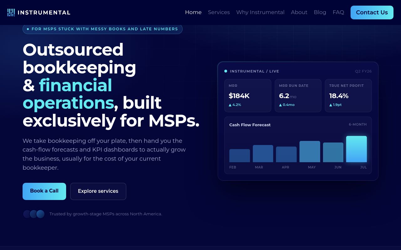 Instrumental homepage positioning outsourced bookkeeping and financial operations built exclusively for MSPs