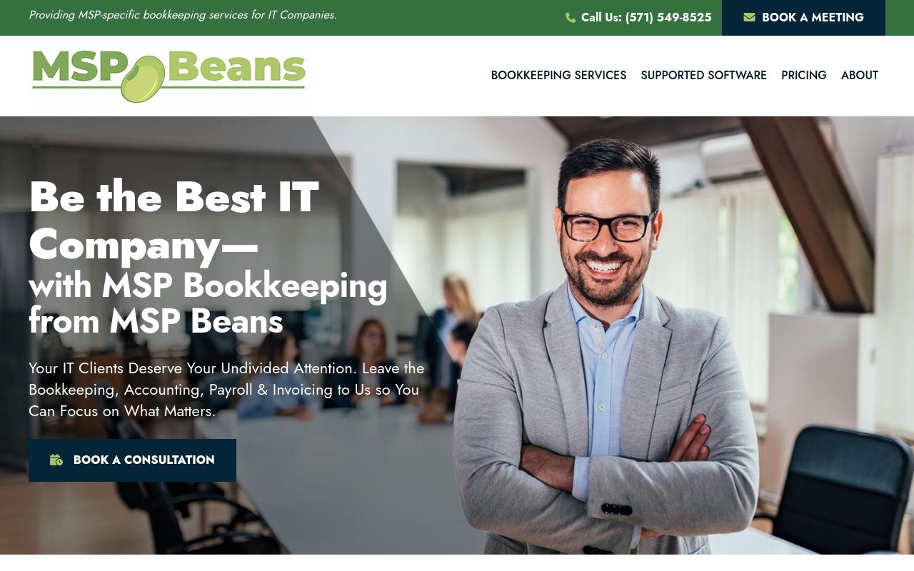MSP Beans homepage offering MSP bookkeeping, accounting, payroll and invoicing with published pricing