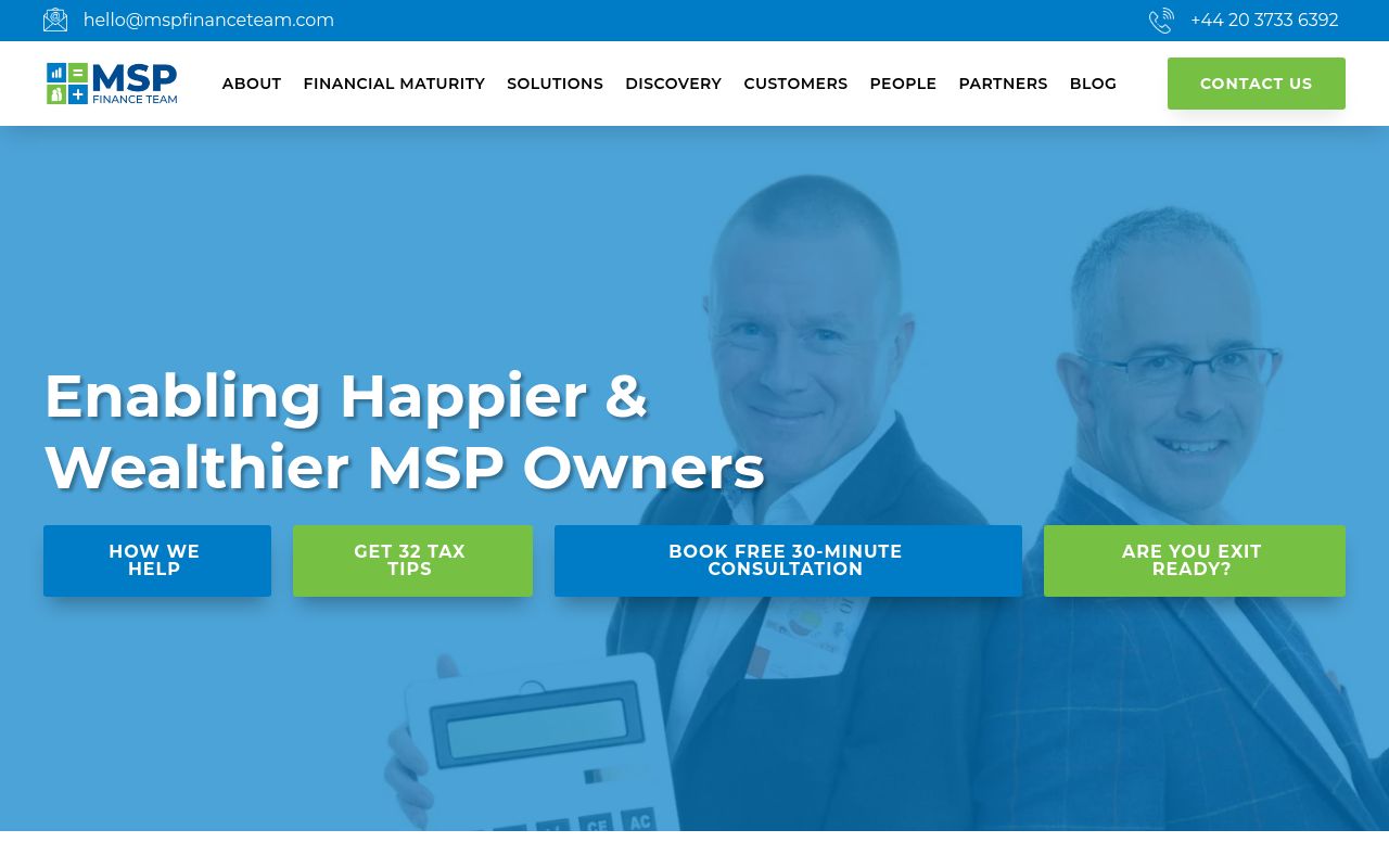 The MSP Finance Team homepage with the headline Enabling Happier and Wealthier MSP Owners and tiered service pricing
