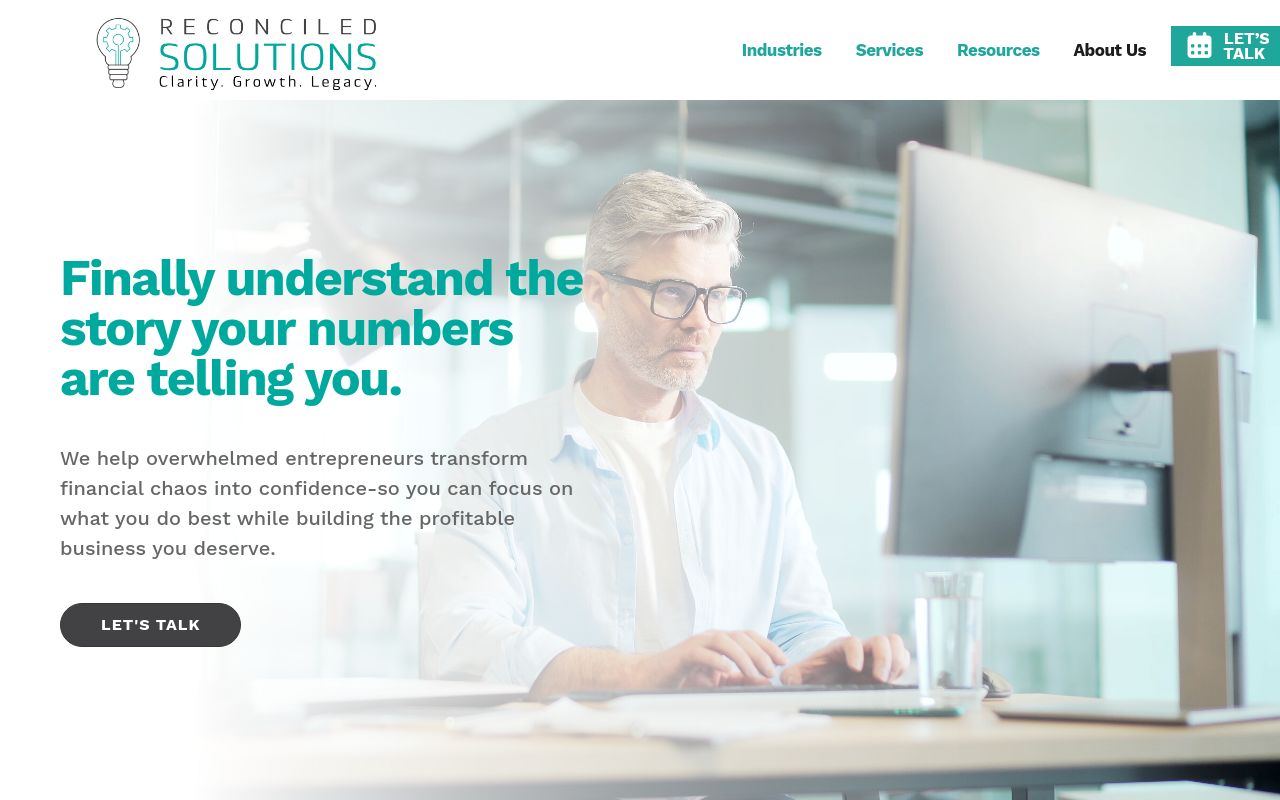 Reconciled Solutions homepage inviting owners to finally understand the story their numbers are telling