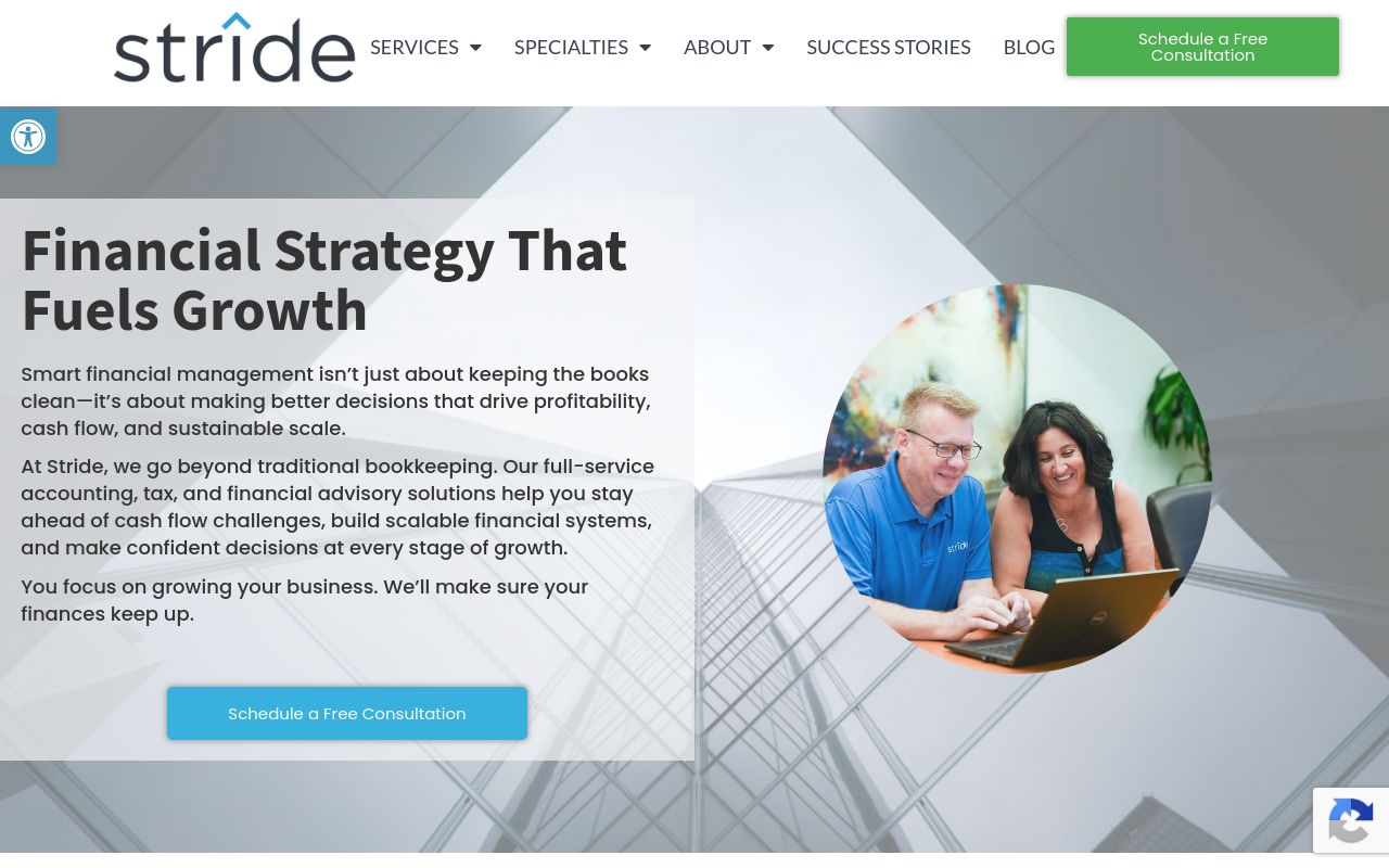 Stride Services homepage with the headline Financial Strategy That Fuels Growth