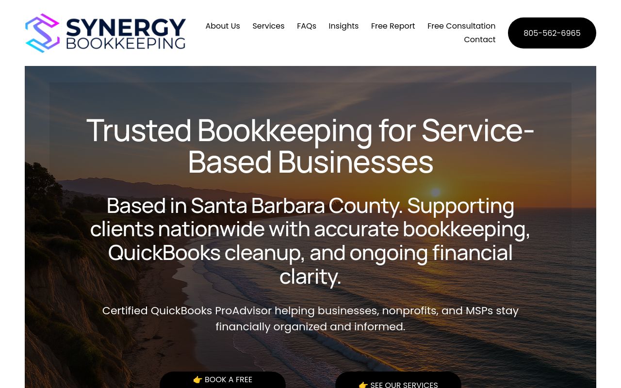 Synergy Bookkeeping homepage offering trusted bookkeeping for service-based businesses