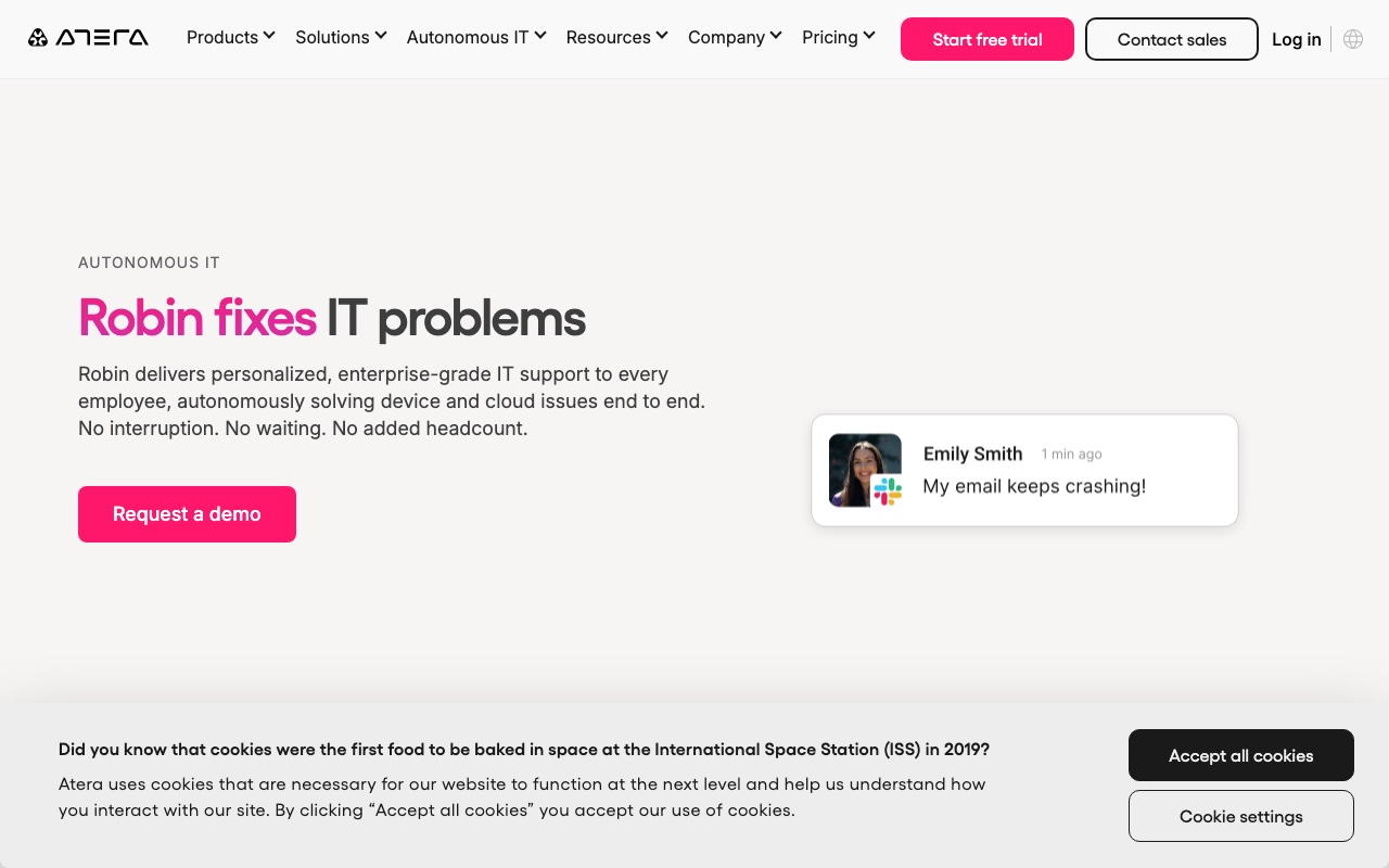 Atera Robin product page stating that Robin fixes IT problems and resolves tier 1 and tier 2 incidents autonomously