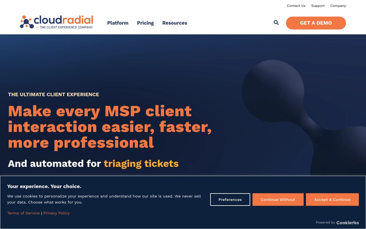 CloudRadial ServiceAI page headed "AI Built for the MSP Service Desk" showing ticket categorisation and routing