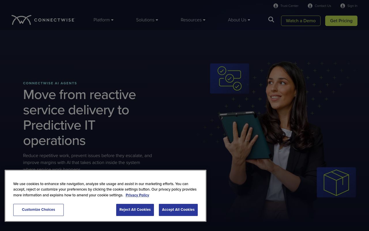 ConnectWise AI Agents page describing agents that interpret requests, make decisions and execute actions in the platform