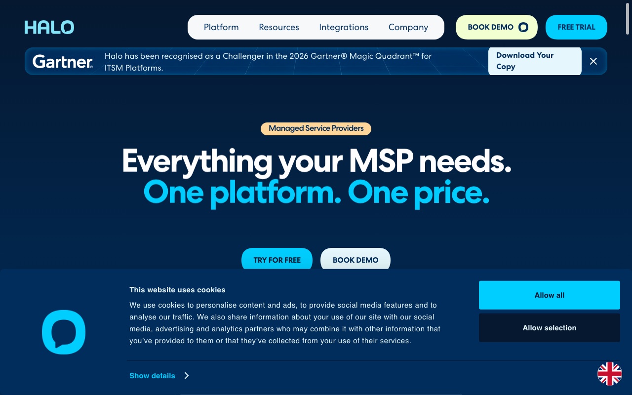 Halo managed services page headed "Intelligent automation. Real outcomes." showing its AI capabilities for MSPs