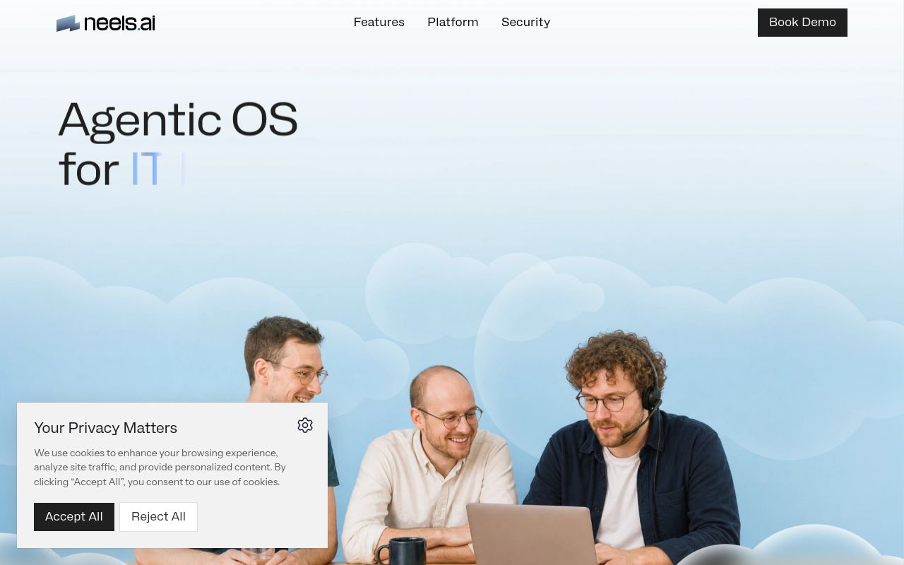 Neels AI homepage describing an agentic operating system for IT MSPs that resolves service desk tickets end to end