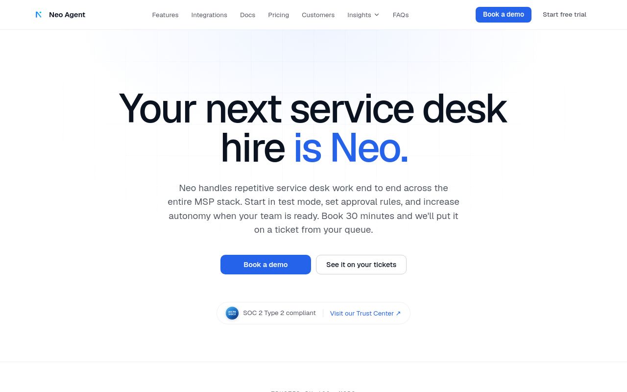 Neo Agent homepage inviting MSPs to let Neo identify what to automate from PSA ticket history