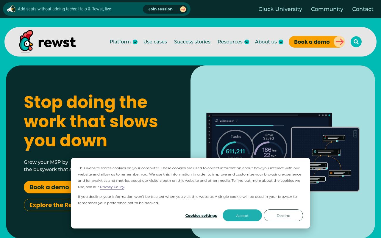Rewst homepage headed "Stop doing the work that slows you down" showing multi-tenant automation workflows for MSPs