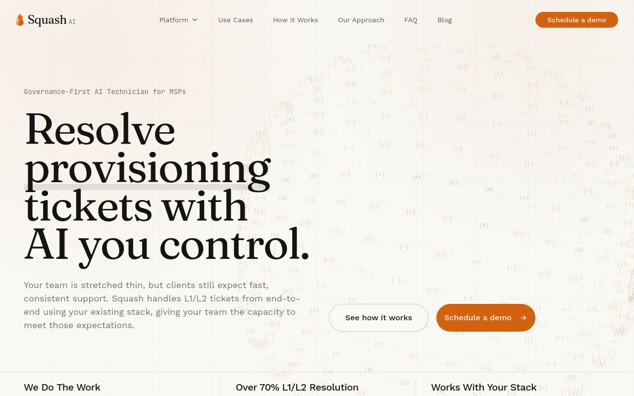 Squash homepage promising to resolve identity tickets with AI you control