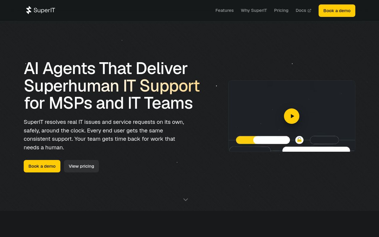 SuperIT homepage stating it resolves real IT issues and service requests on its own, around the clock