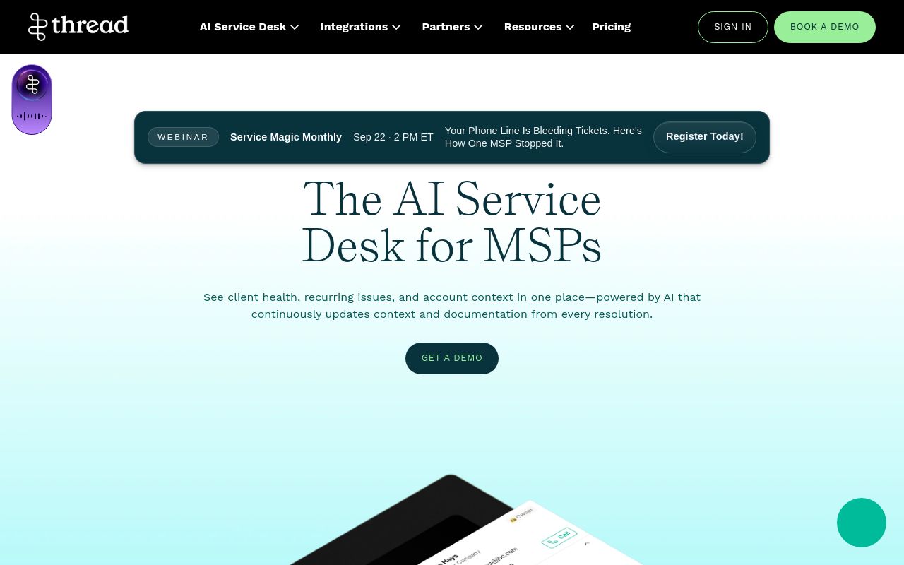 Thread homepage presenting an AI service desk for MSPs with chat, email, Teams and voice intake