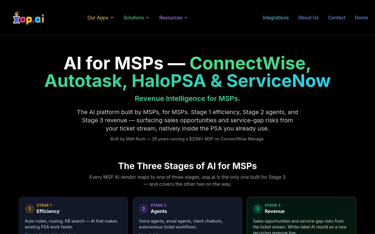 xop.ai homepage headed "Revenue Intelligence for MSPs" showing ticket stream analysis for sales opportunities and service gaps