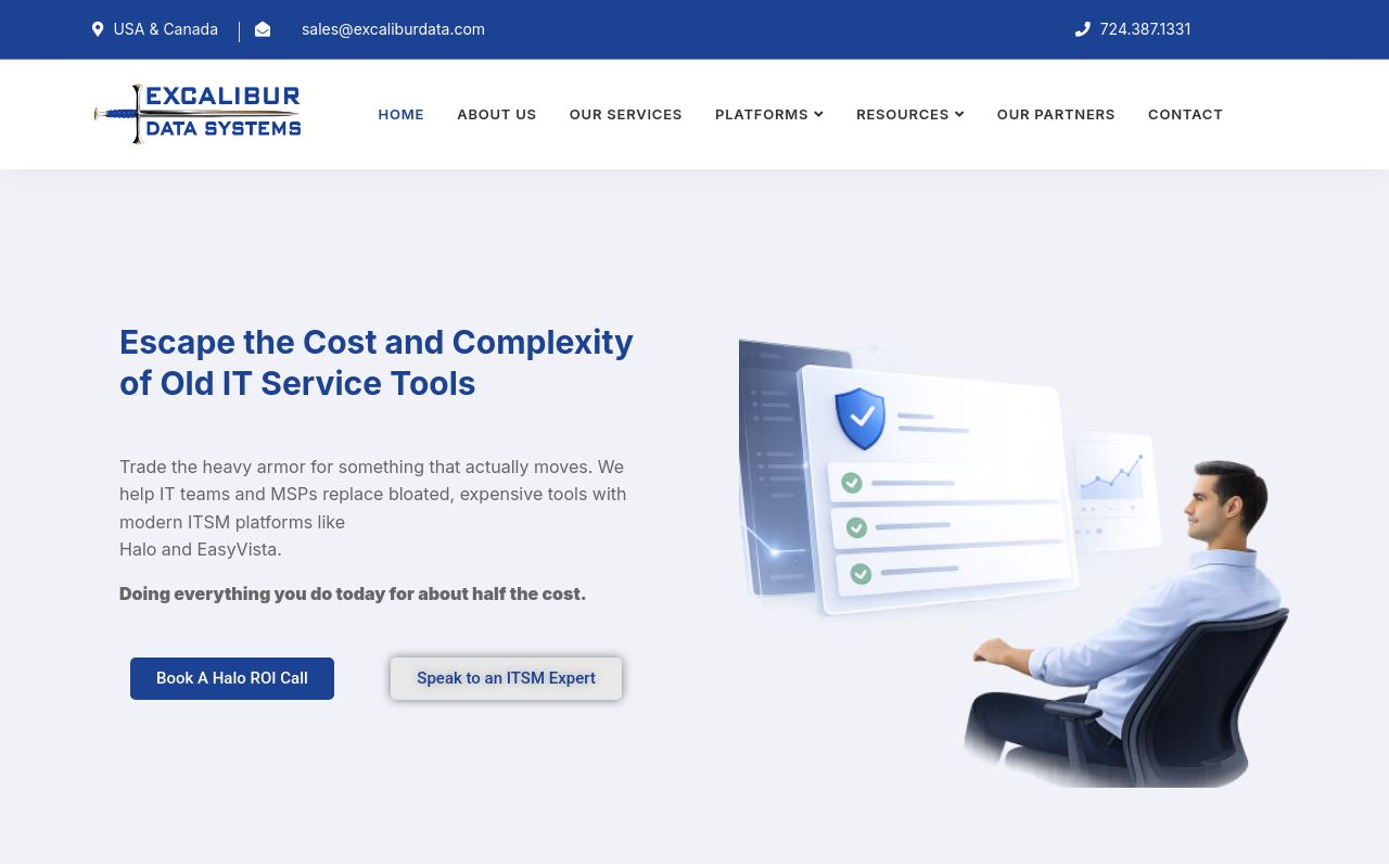 Excalibur Data Systems homepage headlined escape the cost and complexity of old IT service tools, naming Halo and EasyVista as the modern replacements