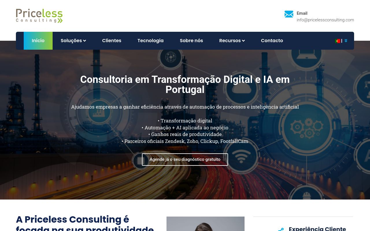 Priceless Consulting homepage in Portuguese offering digital transformation and artificial intelligence consulting in Portugal