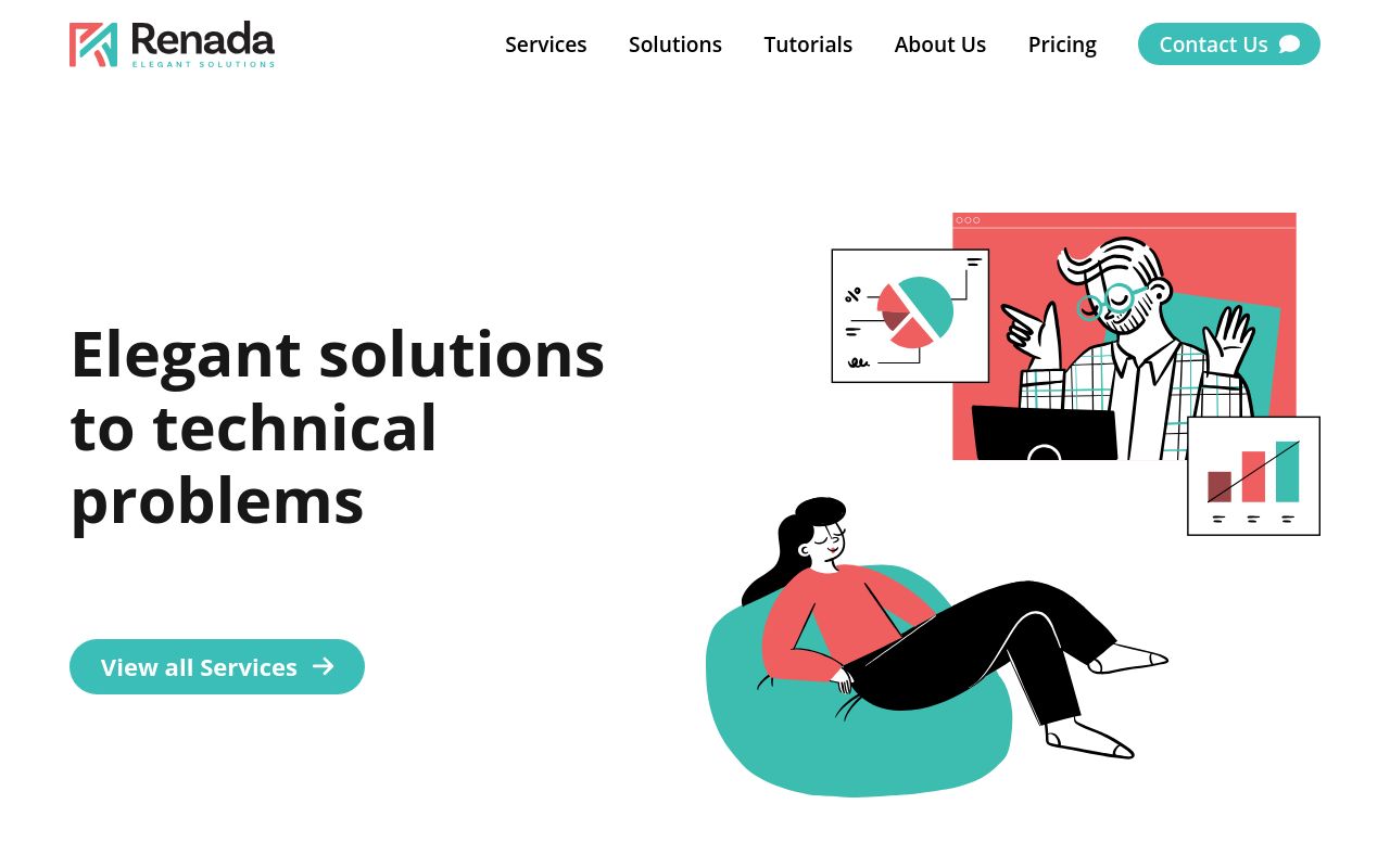 Renada Solutions homepage headlined elegant solutions to technical problems, with navigation to services, solutions and Halo tutorials