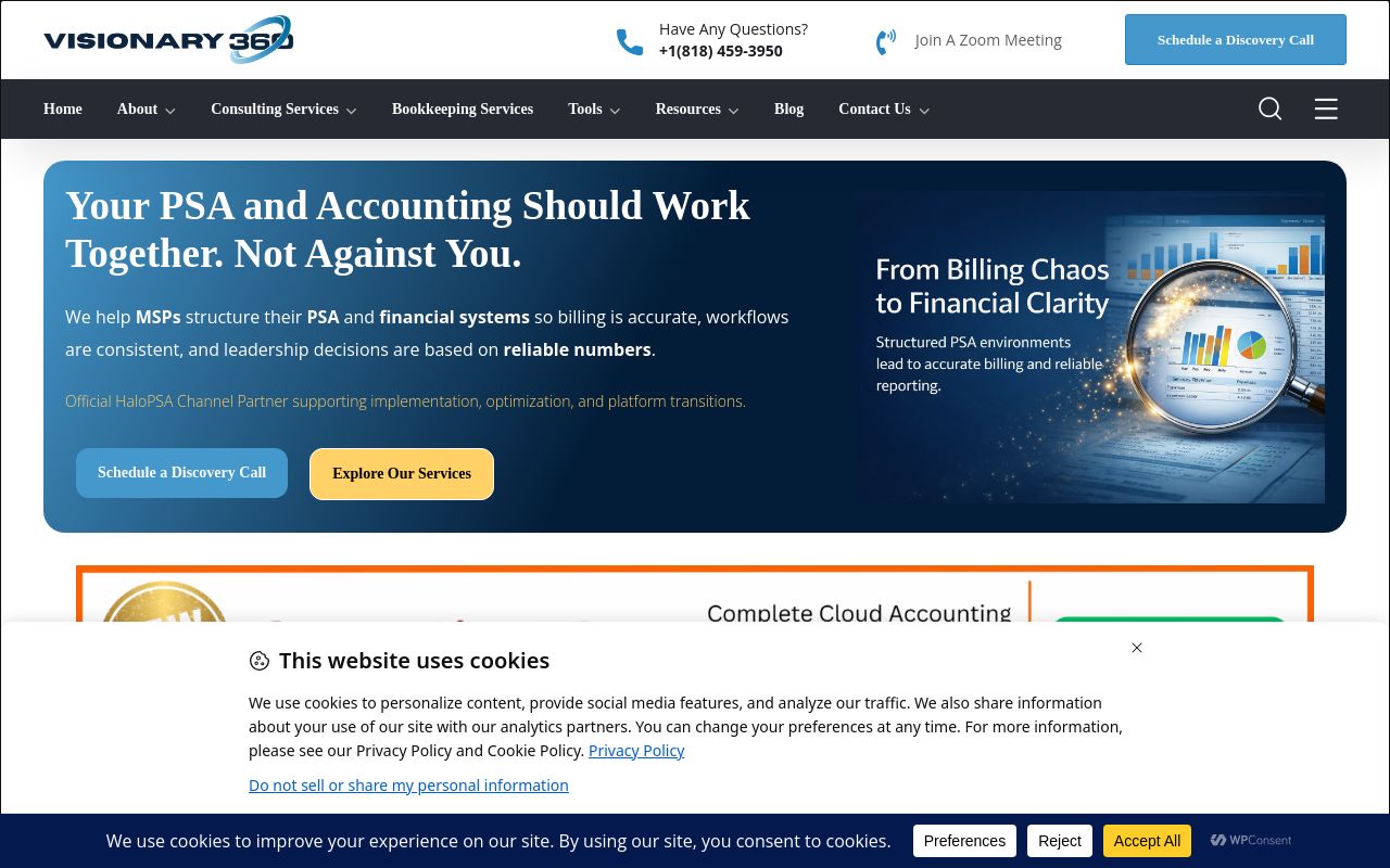 Visionary 360 homepage headlined that your PSA and accounting should work together, with a line describing them as an official HaloPSA channel partner