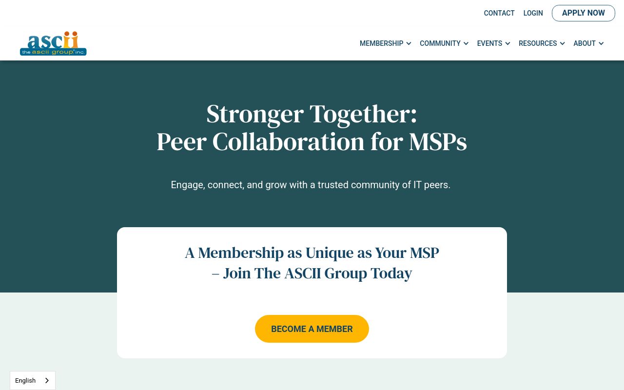 The ASCII Group peer collaboration page headed Stronger Together, Peer Collaboration for MSPs, with a Become a Member button