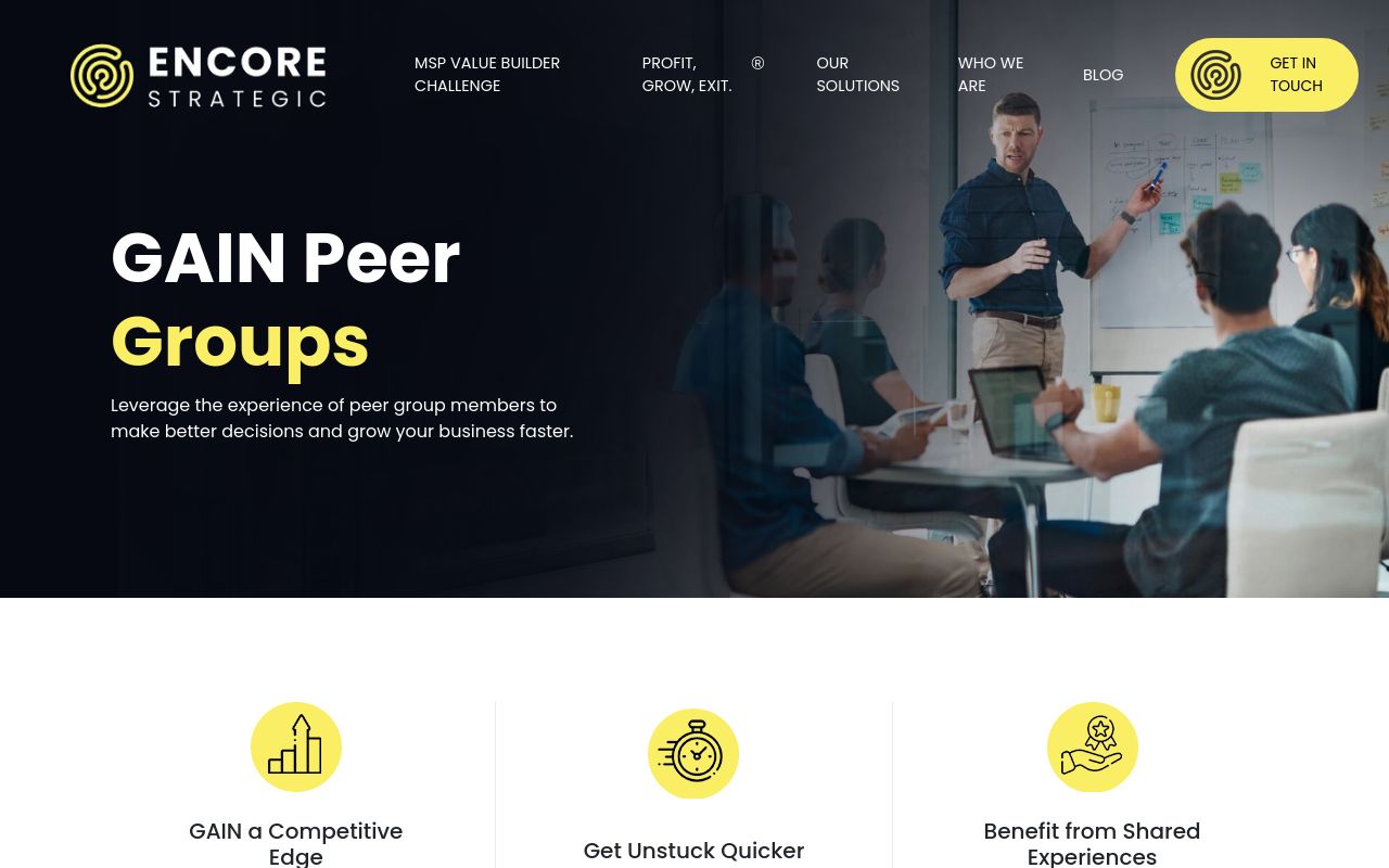 Encore Strategic GAIN Peer Groups page headed GAIN Peer Groups, with the line about leaning on the experience of peer group members to make better decisions faster