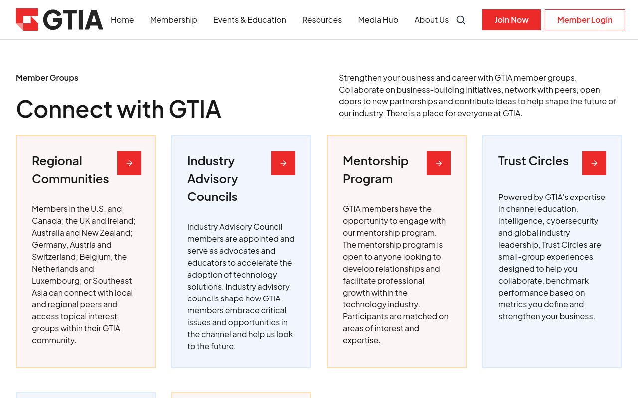 GTIA member groups page headed Connect with GTIA, with cards for Regional Communities, Industry Advisory Councils, the Mentorship Program and Trust Circles