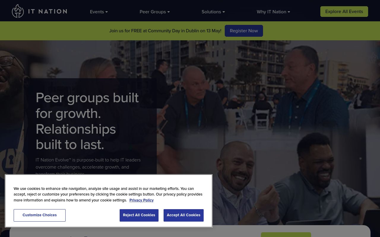 ConnectWise IT Nation Evolve page headed Peer groups built for growth, Relationships built to last, over a photograph of members talking at an event