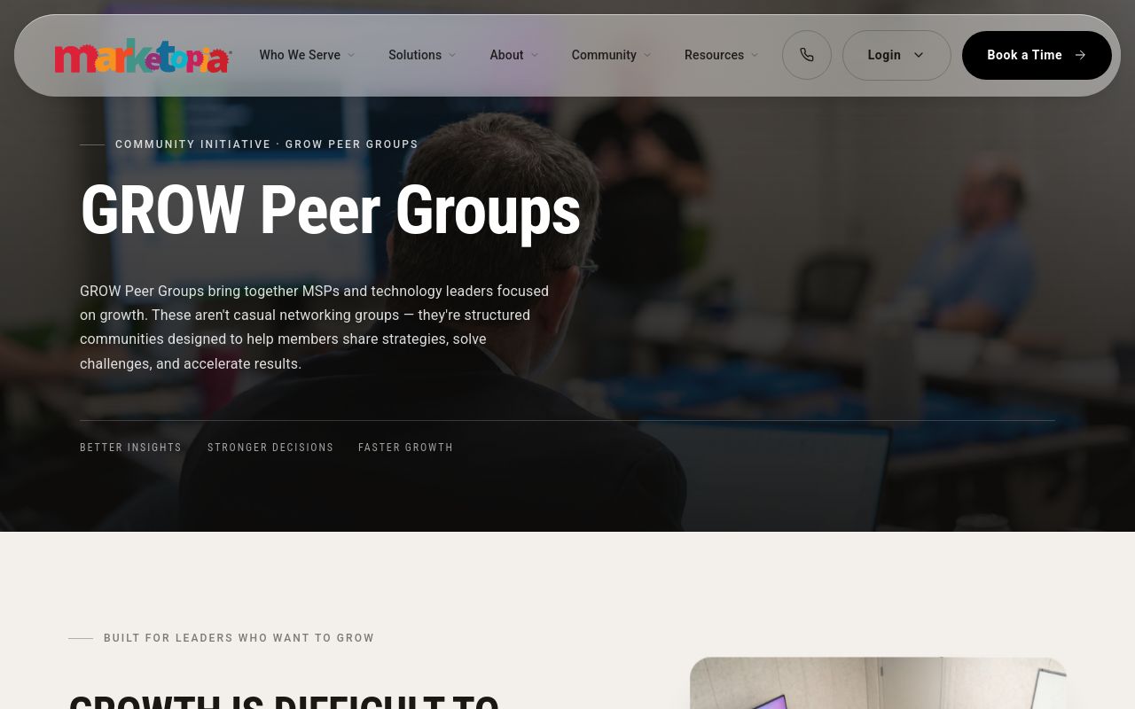 Marketopia GROW Peer Groups page headed GROW Peer Groups, describing structured communities for MSPs and technology leaders focused on growth