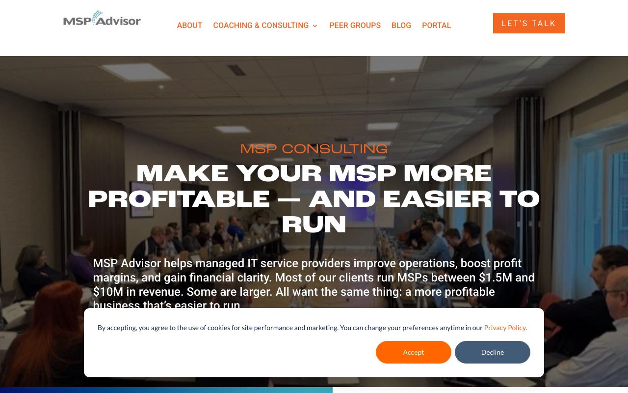 MSP Advisor homepage headed Make Your MSP More Profitable and Easier to Run, over a photograph of owners seated around a long boardroom table, with a cookie consent banner across the foot of the page