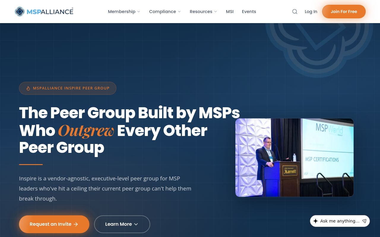 MSPAlliance Inspire page headed The Peer Group Built by MSPs Who Outgrew Every Other Peer Group, with a Request an Invite button