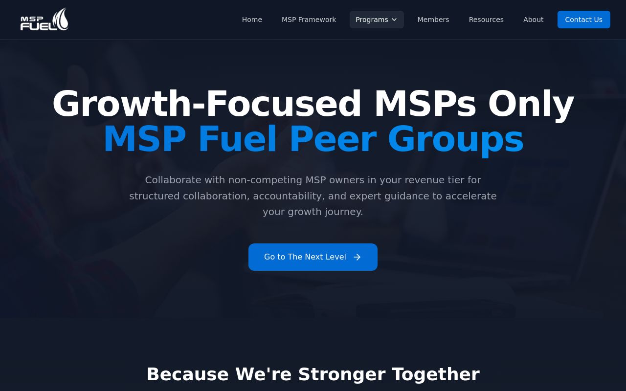 MSP Fuel peer groups page headed Growth-Focused MSPs Only, describing collaboration with non-competing MSP owners in your revenue tier