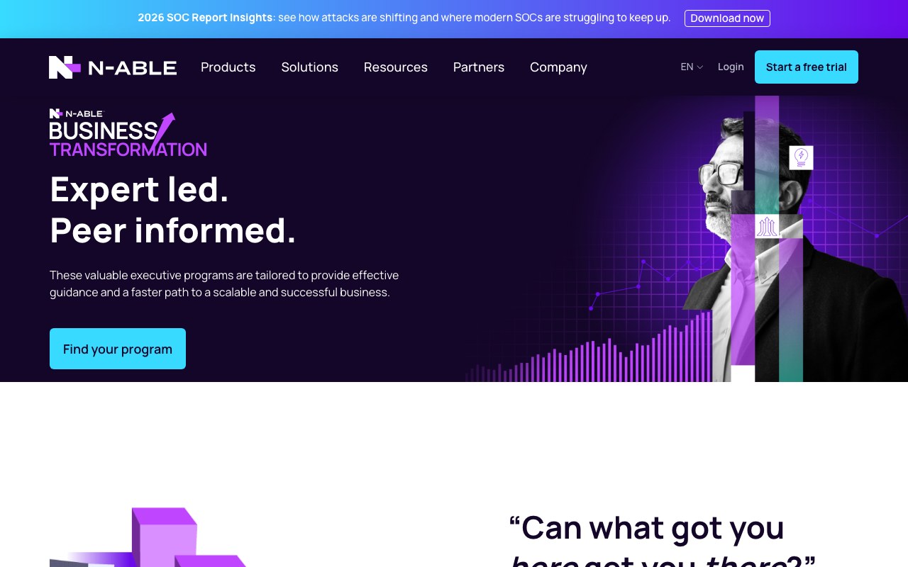 N-able Business Transformation page headed Expert led. Peer informed., with a Find your program button