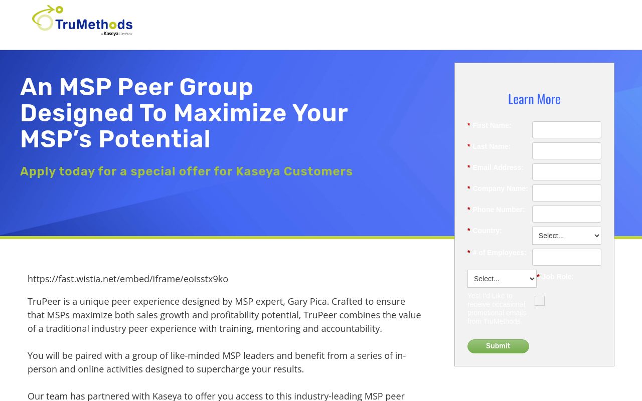 TruMethods TruPeer page headed An MSP Peer Group Designed To Maximize Your MSP's Potential, with a Learn More enquiry form and Kaseya branding