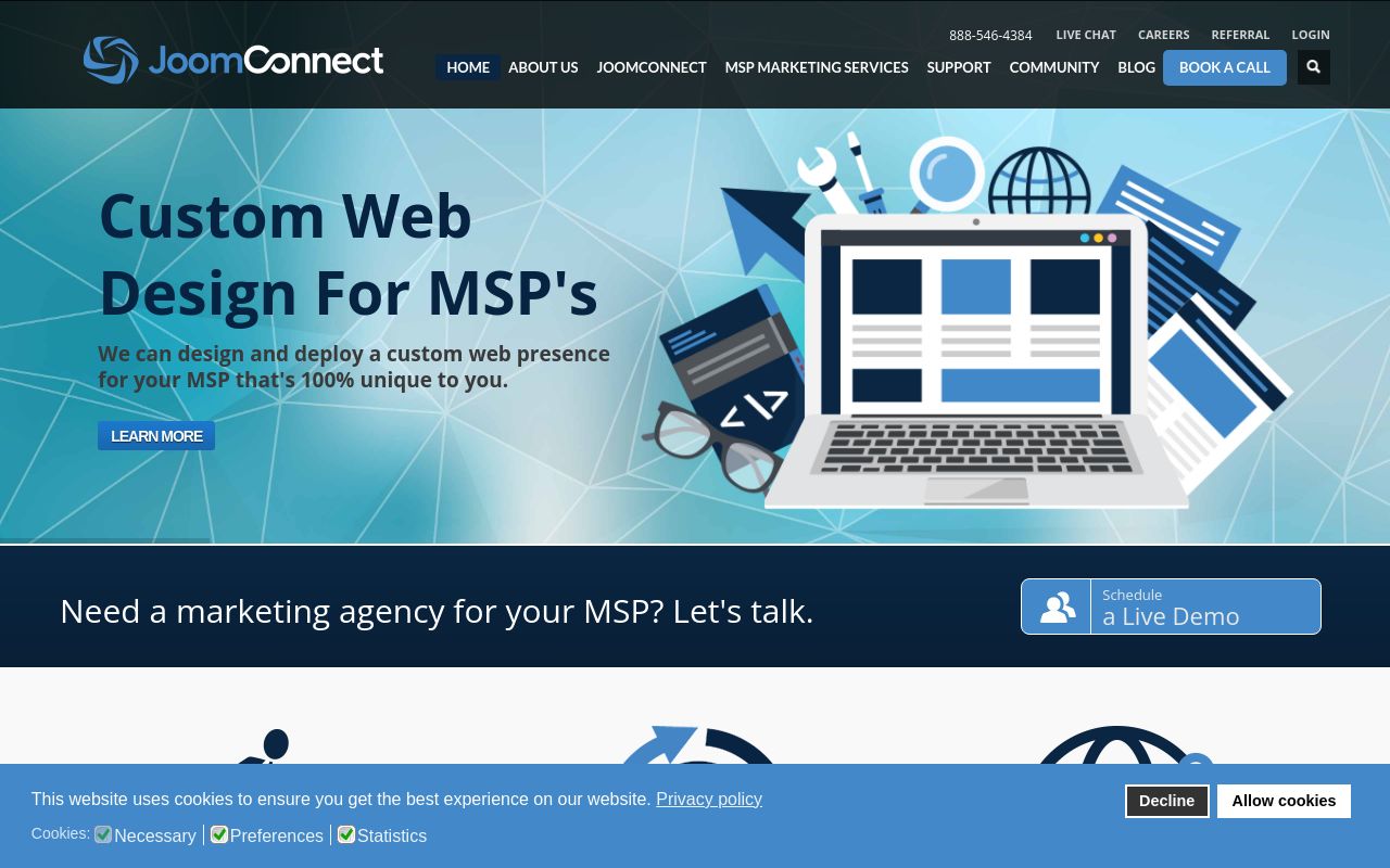 JoomConnect homepage on 31 July 2026 offering custom web design for MSPs