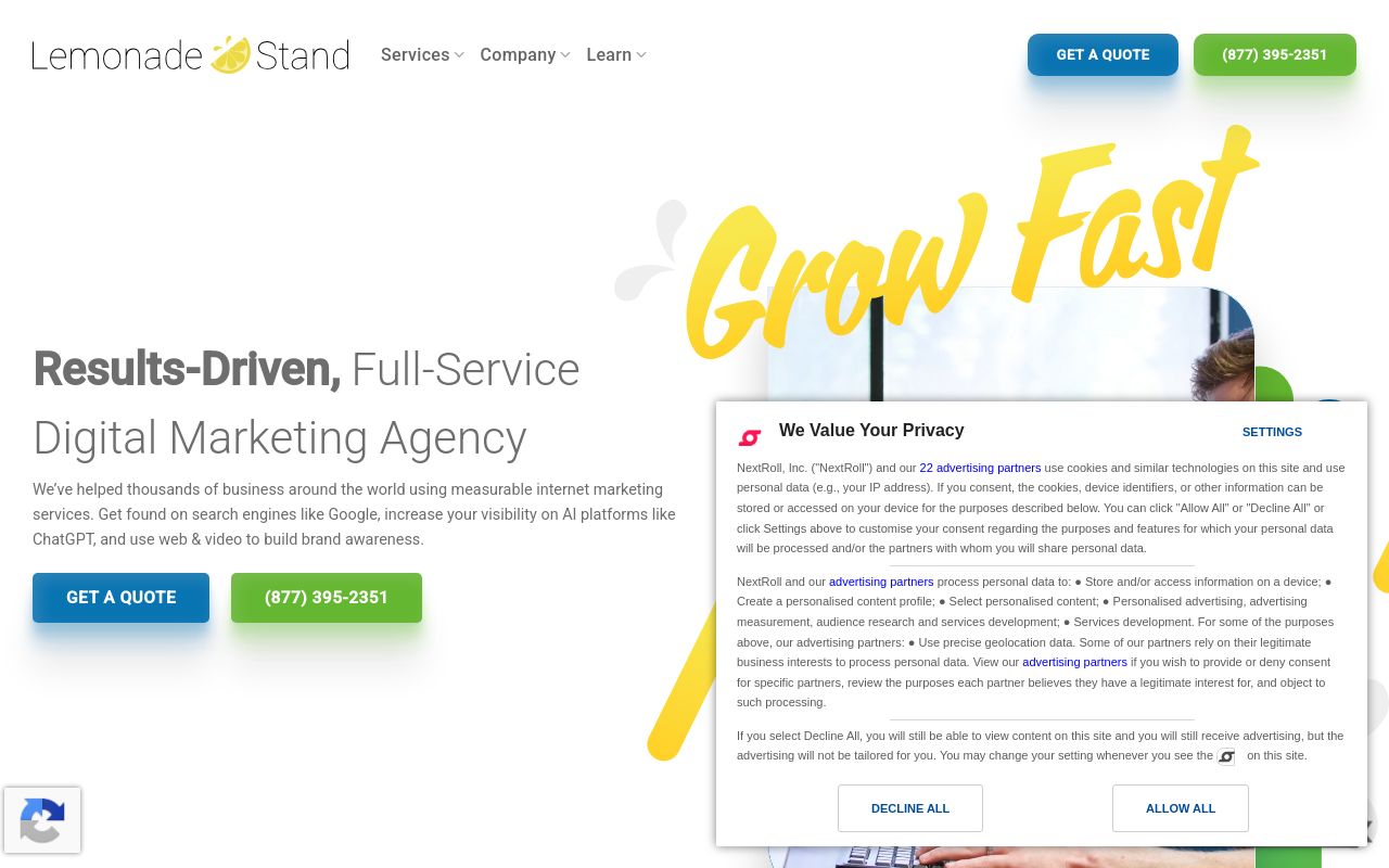 Lemonade Stand homepage on 31 July 2026 describing a full-service digital marketing agency including AI platform visibility