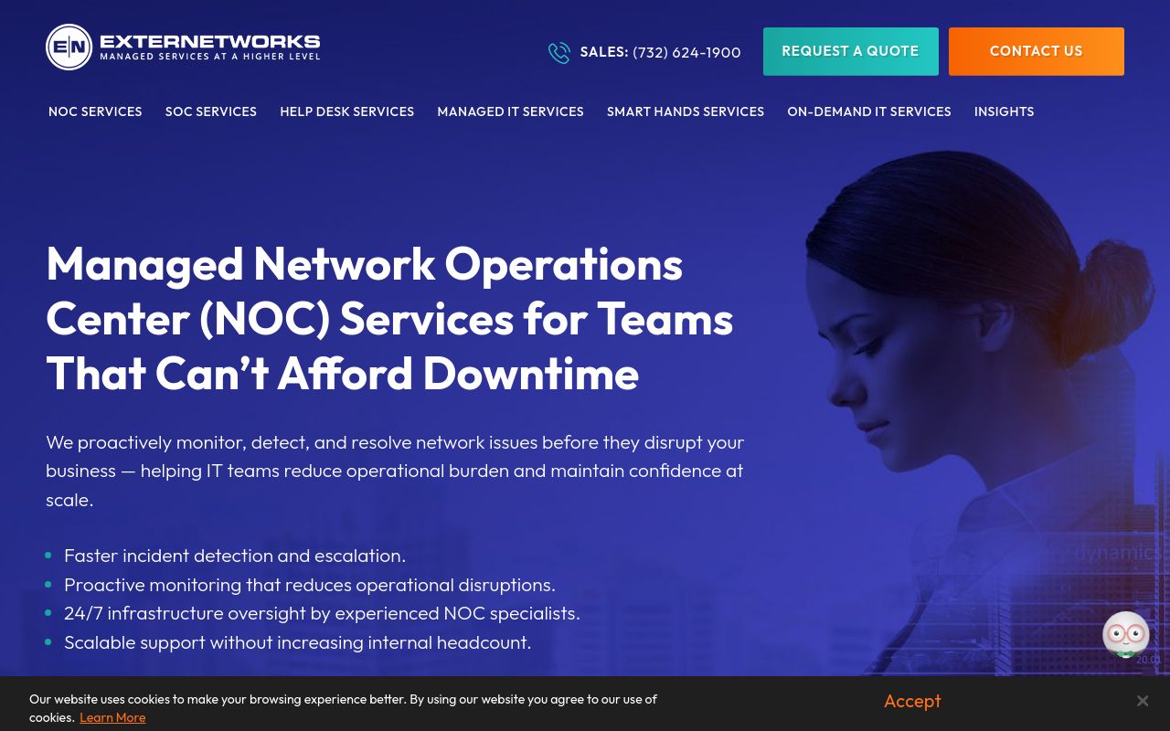 ExterNetworks homepage presenting managed network operations centre services for businesses