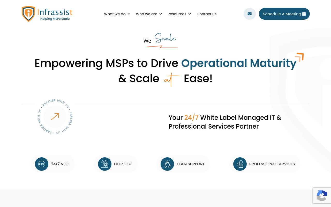 Infrassist homepage describing a 24/7 white label managed IT and professional services partner with NOC, helpdesk and team support
