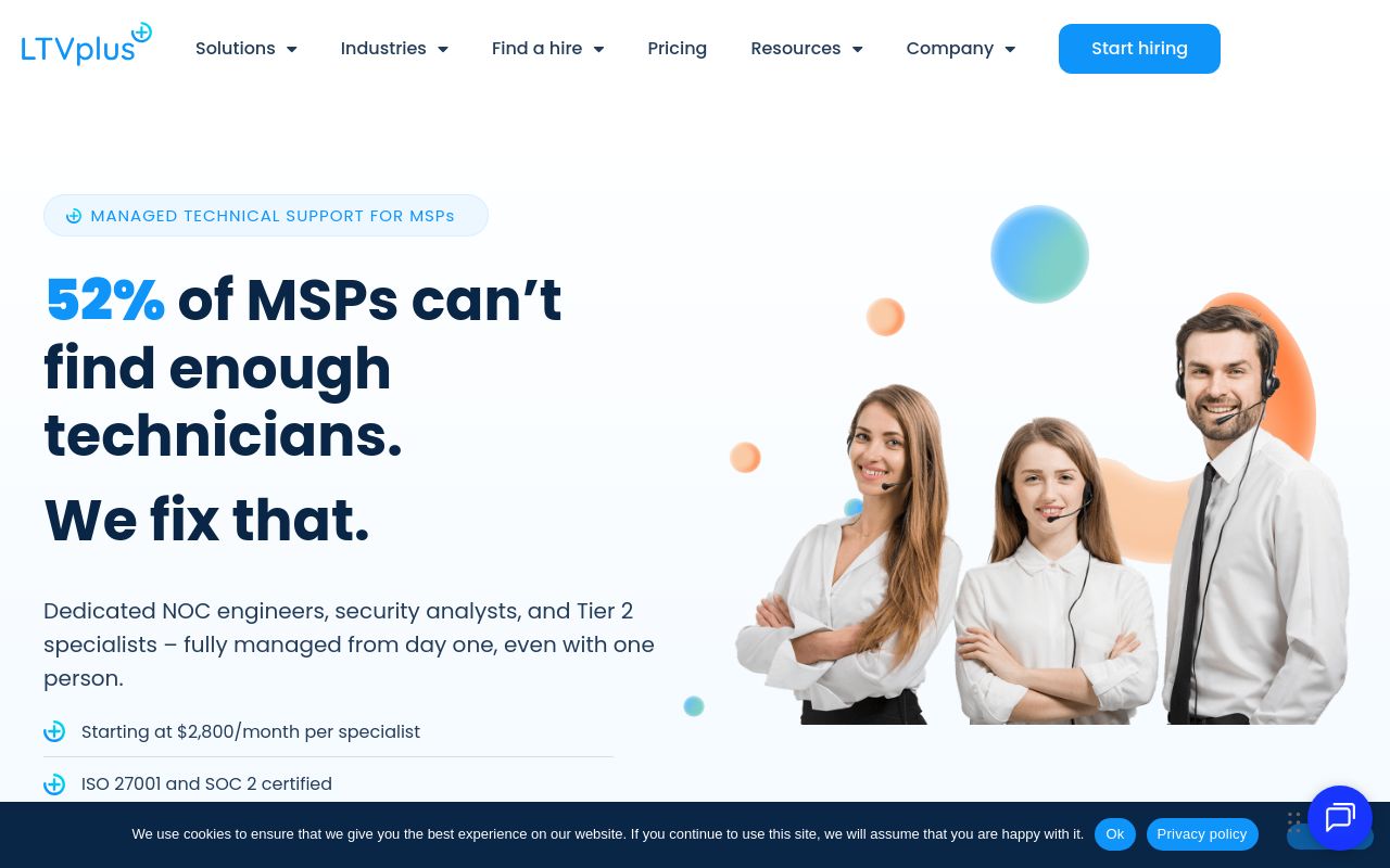 LTV Plus homepage showing outsourced helpdesk technicians, tier 2 engineers and escalation specialists with published starting pricing