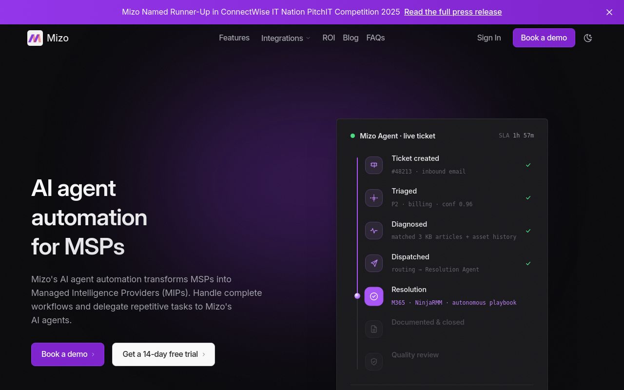 Mizo homepage presenting an autonomous AI service desk agent for MSPs working inside the PSA