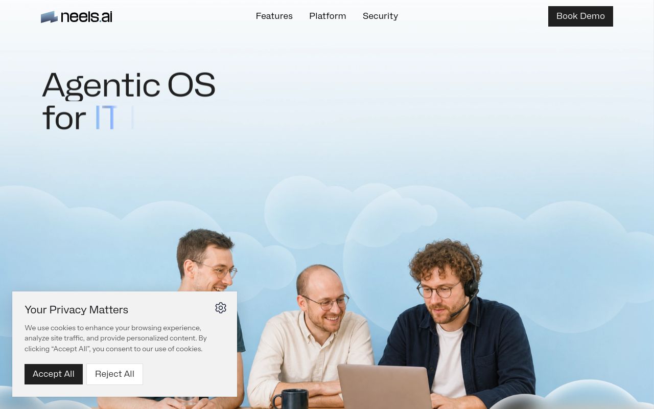 Neels AI homepage describing an agentic operating system for IT MSPs that resolves level 1 tickets