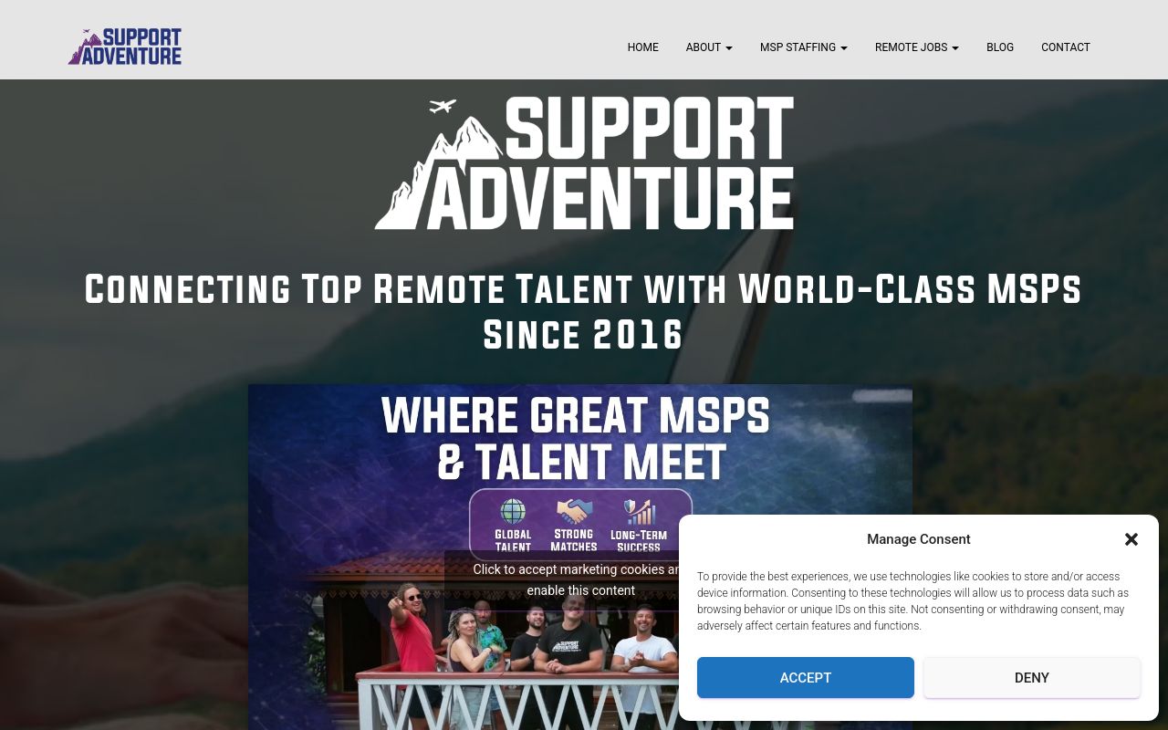 Support Adventure homepage showing its positioning as a remote MSP staffing company