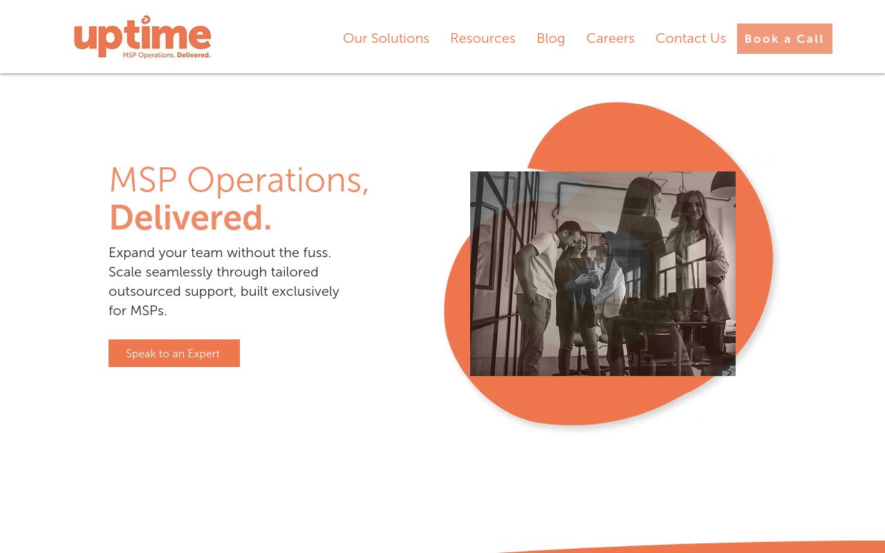Uptime homepage with the tagline MSP Operations, Delivered and outsourced support built exclusively for MSPs
