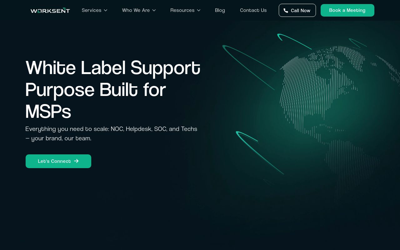 Worksent homepage presenting white label helpdesk, NOC and technical staffing services for MSPs