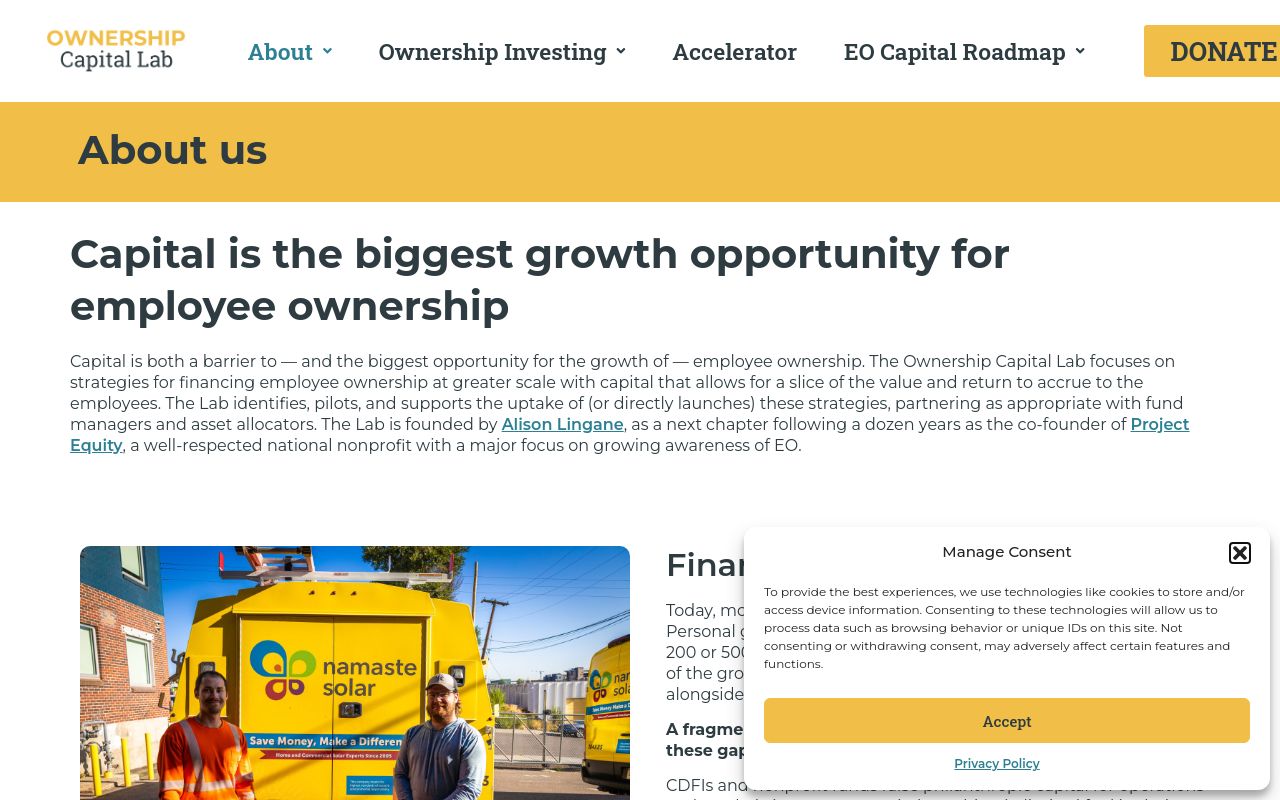 Ownership Capital Lab's About Us page, mustard-yellow header band reading 'About us' beneath the site's black-and-mustard logo, with body text describing the Lab and Alison Lingane as founder, a photo of two workers beside a Namaste Solar van, and a cookie-consent popup in the lower right.