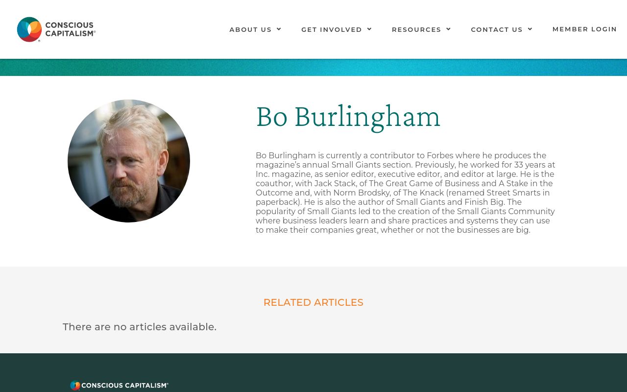 Conscious Capitalism website bio page for Bo Burlingham, showing a circular headshot of a grey-bearded man against a blurred background, his name in teal serif type, and a paragraph bio describing his 33 years at Inc. magazine and his books.