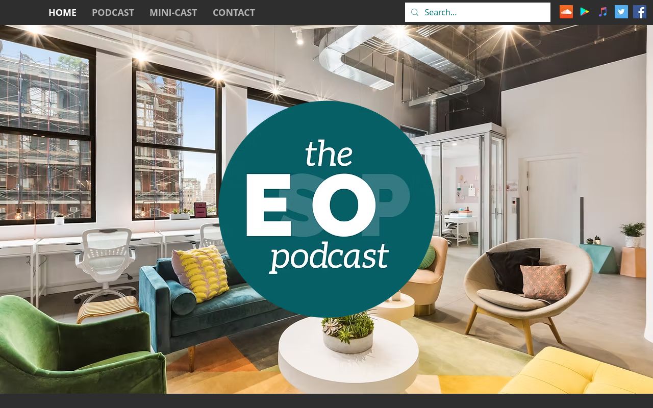 The ESOP Podcast homepage, dark navigation bar reading Home, Podcast, Mini-Cast, Contact with a search box and social icons, and a large teal circular logo reading 'the ESOP podcast' over a photo of a modern office lounge with colourful armchairs and a sofa.